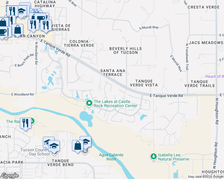 map of restaurants, bars, coffee shops, grocery stores, and more near 9627 East Shadow Lake Court in Tucson