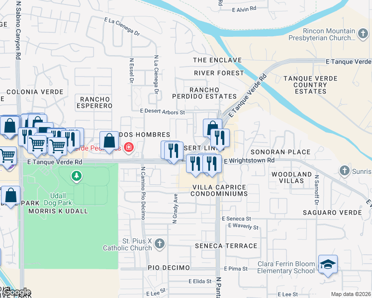 map of restaurants, bars, coffee shops, grocery stores, and more near 2495 North Desert Links Drive in Tucson