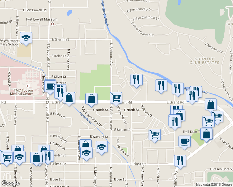 map of restaurants, bars, coffee shops, grocery stores, and more near 2428-2430 North Sahuara Avenue in Tucson