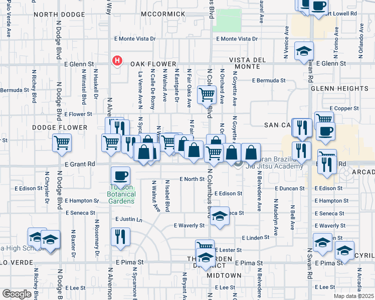 map of restaurants, bars, coffee shops, grocery stores, and more near 2426 North Fair Oaks Avenue in Tucson