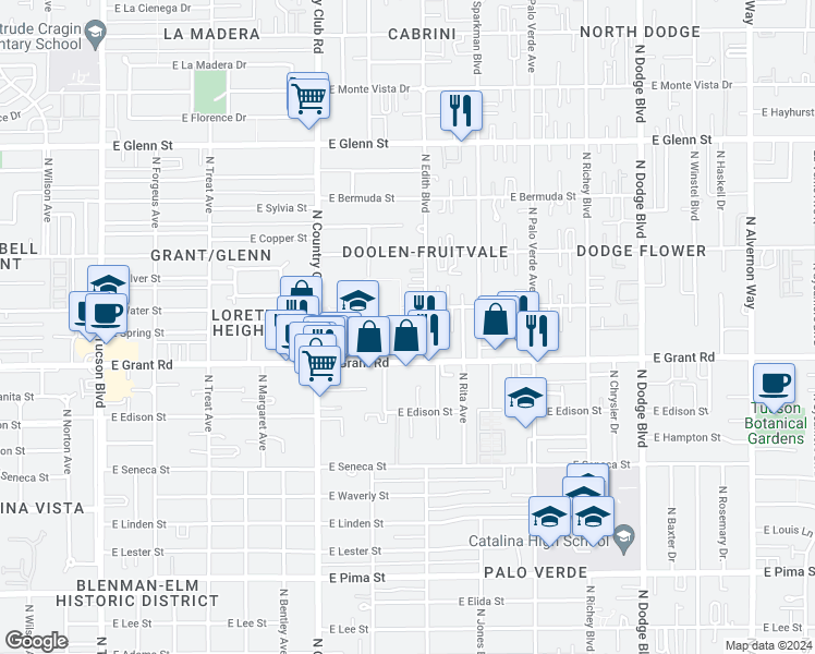 map of restaurants, bars, coffee shops, grocery stores, and more near 2437 North Edith Boulevard in Tucson