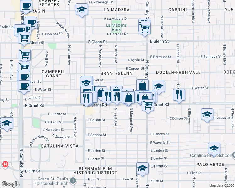 map of restaurants, bars, coffee shops, grocery stores, and more near 2450 North Treat Avenue in Tucson