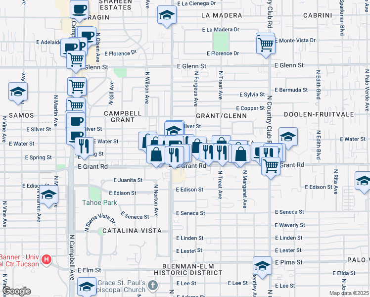 map of restaurants, bars, coffee shops, grocery stores, and more near 2552 East Spring Street in Tucson