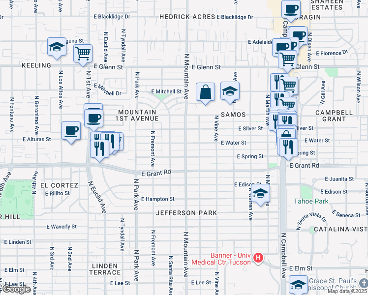 map of restaurants, bars, coffee shops, grocery stores, and more near 1330 East Water Street in Tucson