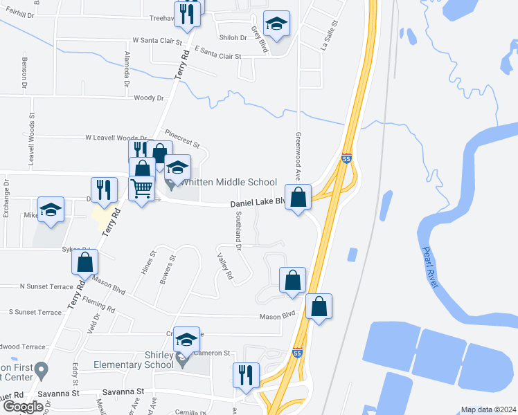 map of restaurants, bars, coffee shops, grocery stores, and more near 455 Daniel Lake Boulevard in Jackson