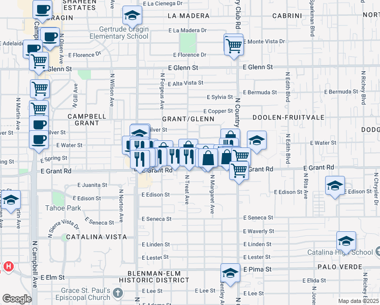 map of restaurants, bars, coffee shops, grocery stores, and more near 2450 North Treat Avenue in Tucson