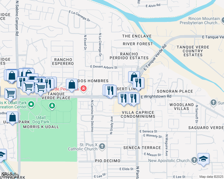 map of restaurants, bars, coffee shops, grocery stores, and more near 7777 East Tanque Verde Road in Tucson