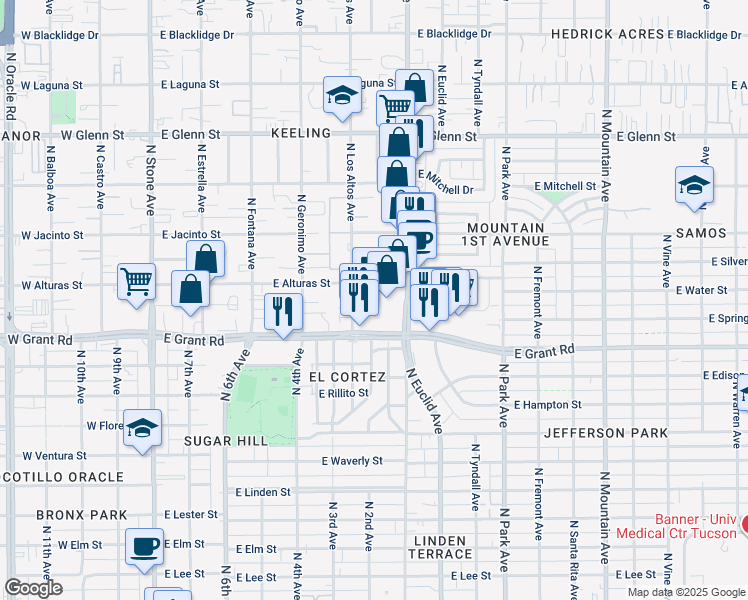 map of restaurants, bars, coffee shops, grocery stores, and more near 555 East Grant Road in Tucson