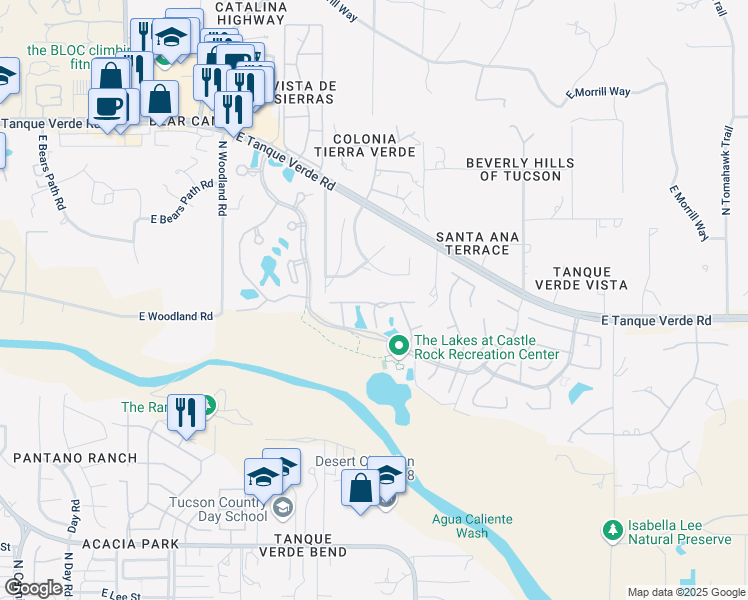 map of restaurants, bars, coffee shops, grocery stores, and more near 9401 East Star Water Drive in Tucson