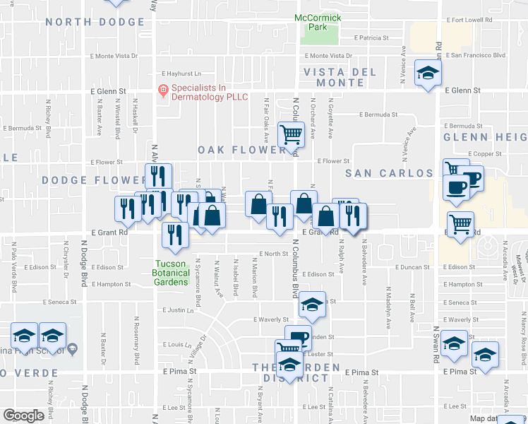 map of restaurants, bars, coffee shops, grocery stores, and more near 2426 North Fair Oaks Avenue in Tucson