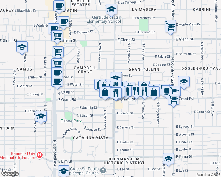 map of restaurants, bars, coffee shops, grocery stores, and more near 2445 N Tucson Blvd in Tucson