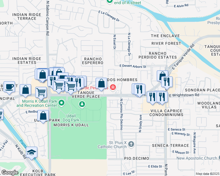 map of restaurants, bars, coffee shops, grocery stores, and more near 7512 East Shore Drive in Tucson