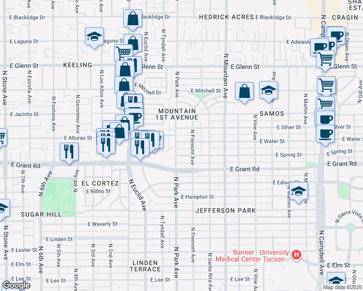 map of restaurants, bars, coffee shops, grocery stores, and more near 1010 East Water Street in Tucson