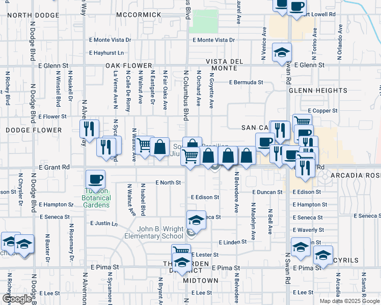 map of restaurants, bars, coffee shops, grocery stores, and more near 2432 North Columbus Boulevard in Tucson