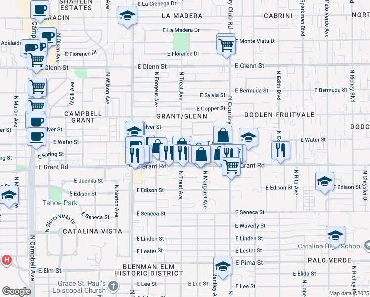 map of restaurants, bars, coffee shops, grocery stores, and more near 2450 North Treat Avenue in Tucson