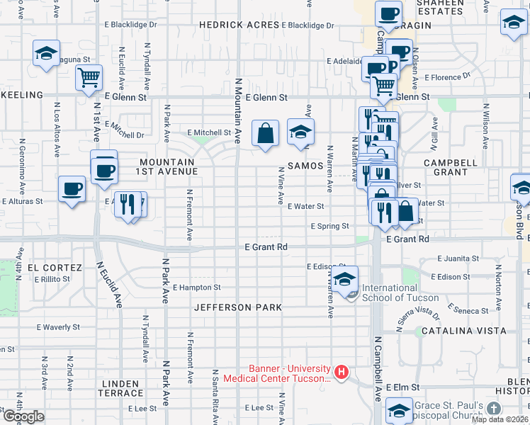map of restaurants, bars, coffee shops, grocery stores, and more near 1428 East Water Street in Tucson