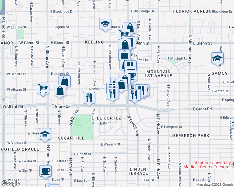 map of restaurants, bars, coffee shops, grocery stores, and more near 555 East Grant Road in Tucson