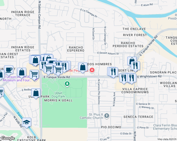 map of restaurants, bars, coffee shops, grocery stores, and more near 7512 East Shore Drive in Tucson