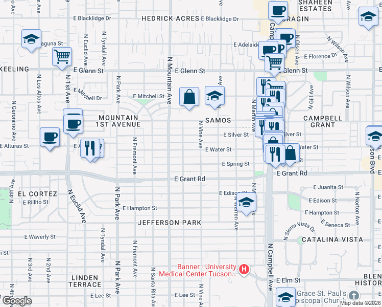map of restaurants, bars, coffee shops, grocery stores, and more near 1428 East Water Street in Tucson