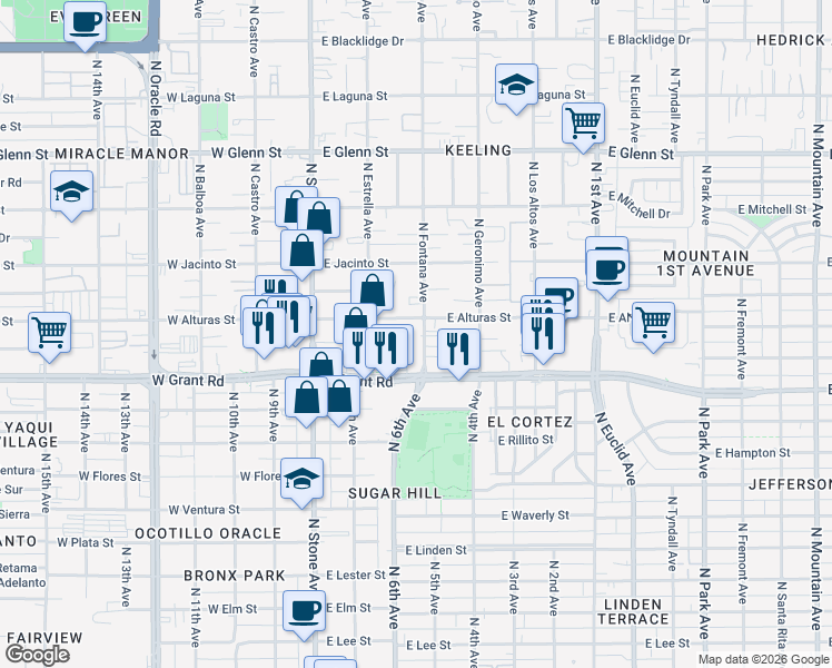map of restaurants, bars, coffee shops, grocery stores, and more near 251 East Water Street in Tucson