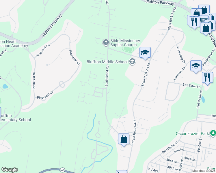 map of restaurants, bars, coffee shops, grocery stores, and more near 10 Toy Fields Circle in Bluffton