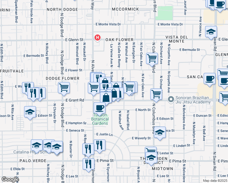 map of restaurants, bars, coffee shops, grocery stores, and more near 2430 North Sycamore Boulevard in Tucson