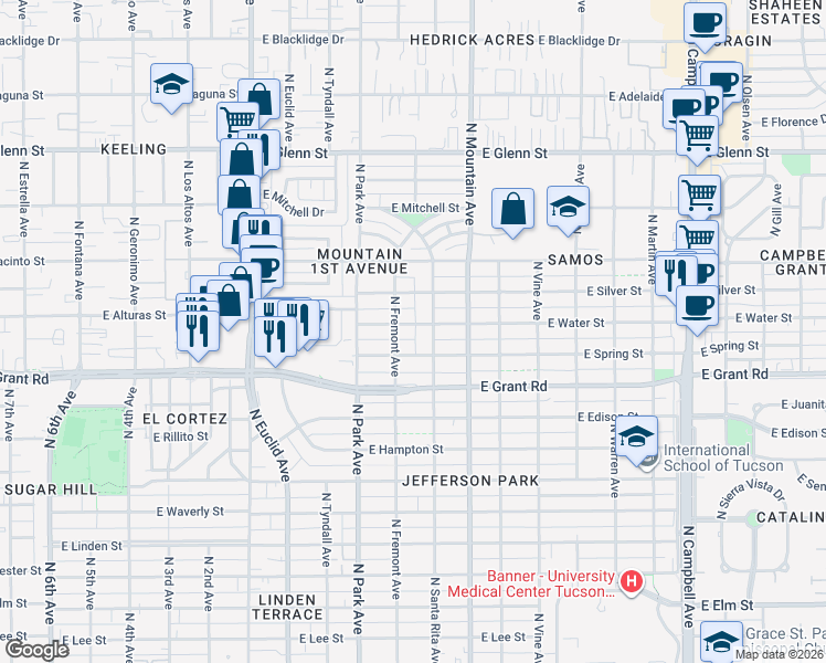 map of restaurants, bars, coffee shops, grocery stores, and more near 1100 East Winnie Place in Tucson