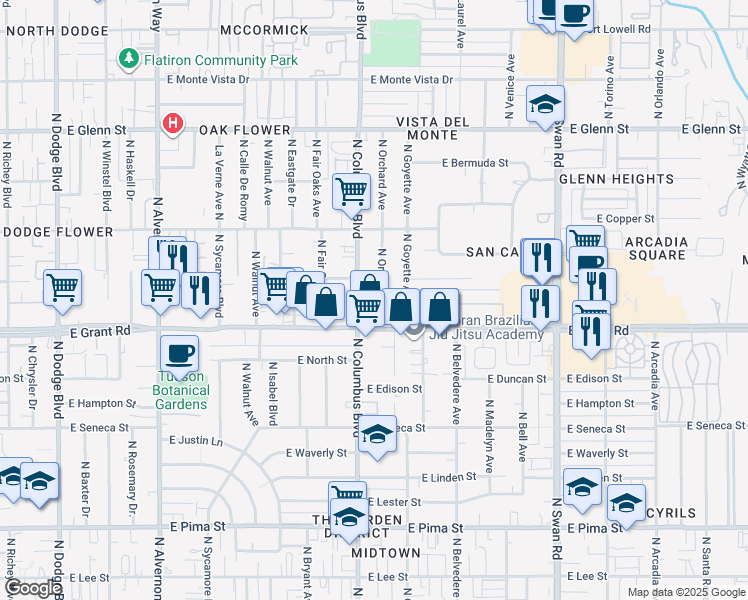 map of restaurants, bars, coffee shops, grocery stores, and more near 2432 North Columbus Boulevard in Tucson