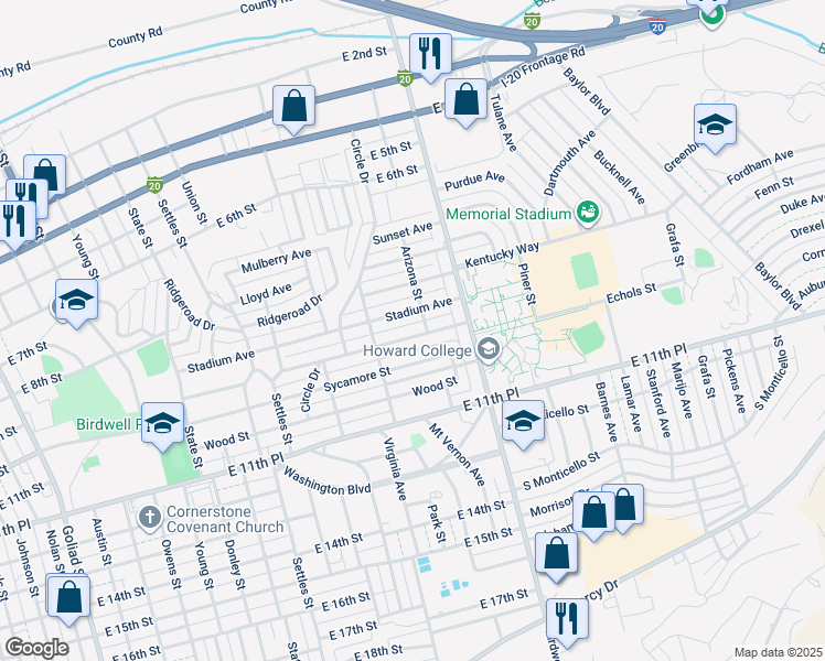 map of restaurants, bars, coffee shops, grocery stores, and more near 1515 Tucson Road in Big Spring