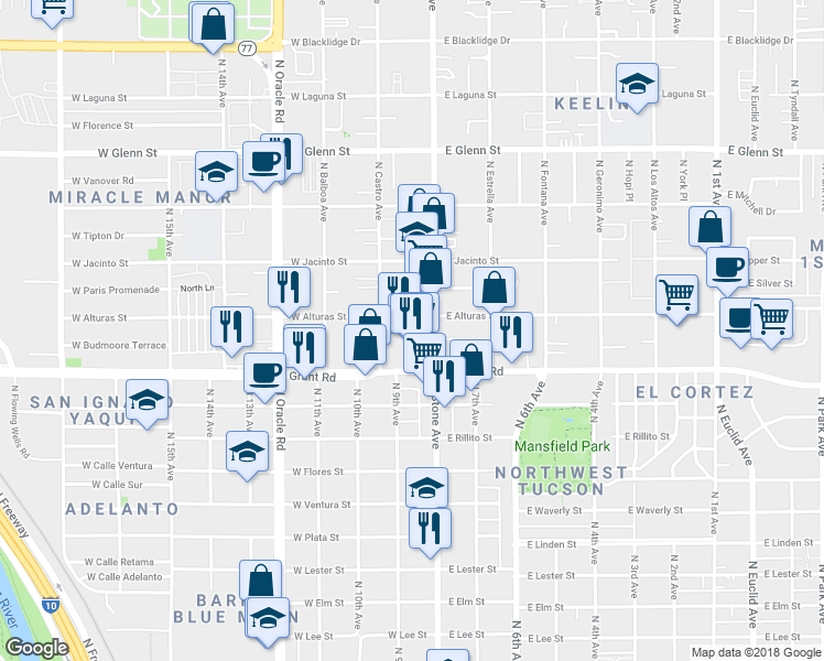 map of restaurants, bars, coffee shops, grocery stores, and more near 31 W Alturas St in Tucson