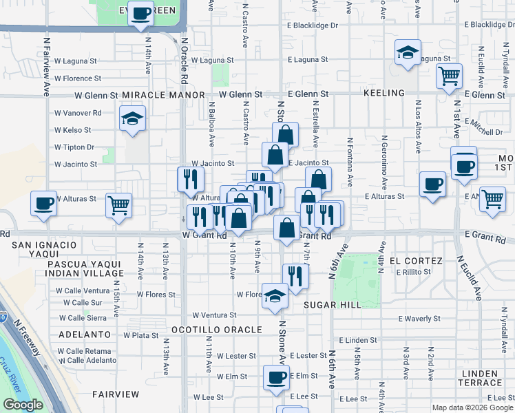map of restaurants, bars, coffee shops, grocery stores, and more near 121 West Alturas Street in Tucson