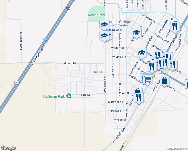 map of restaurants, bars, coffee shops, grocery stores, and more near 804 Hoch Road in Willcox