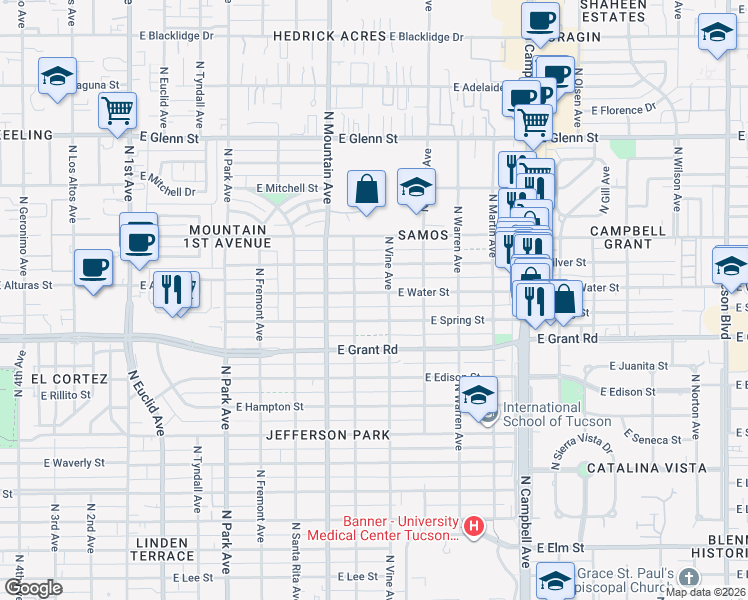 map of restaurants, bars, coffee shops, grocery stores, and more near 1428 East Water Street in Tucson