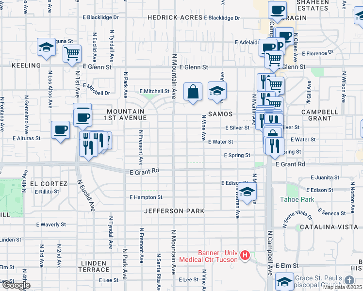 map of restaurants, bars, coffee shops, grocery stores, and more near 1330 East Water Street in Tucson