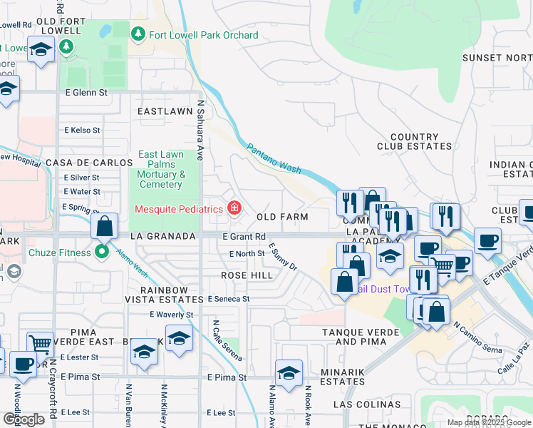 map of restaurants, bars, coffee shops, grocery stores, and more near 6133 East Grant Road in Tucson