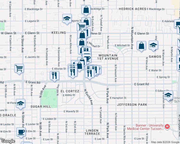 map of restaurants, bars, coffee shops, grocery stores, and more near 818 East Water Street in Tucson