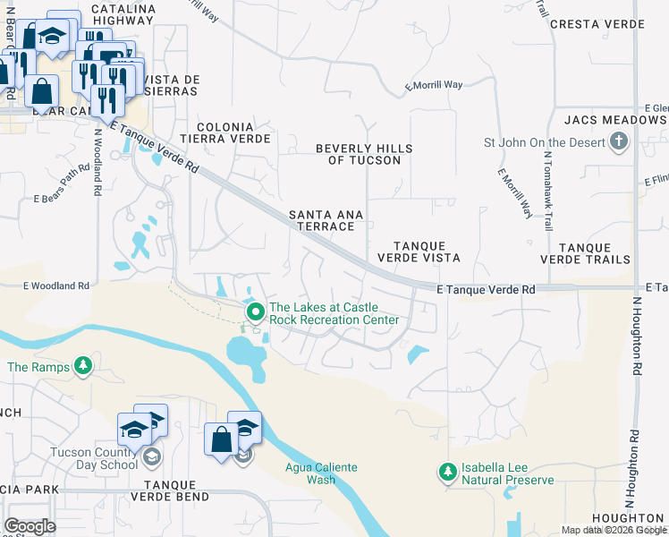 map of restaurants, bars, coffee shops, grocery stores, and more near 9627 East Shadow Lake Court in Tucson