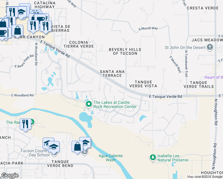 map of restaurants, bars, coffee shops, grocery stores, and more near 9627 East Shadow Lake Court in Tucson