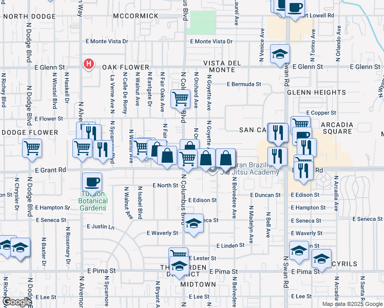 map of restaurants, bars, coffee shops, grocery stores, and more near 2432 North Columbus Boulevard in Tucson