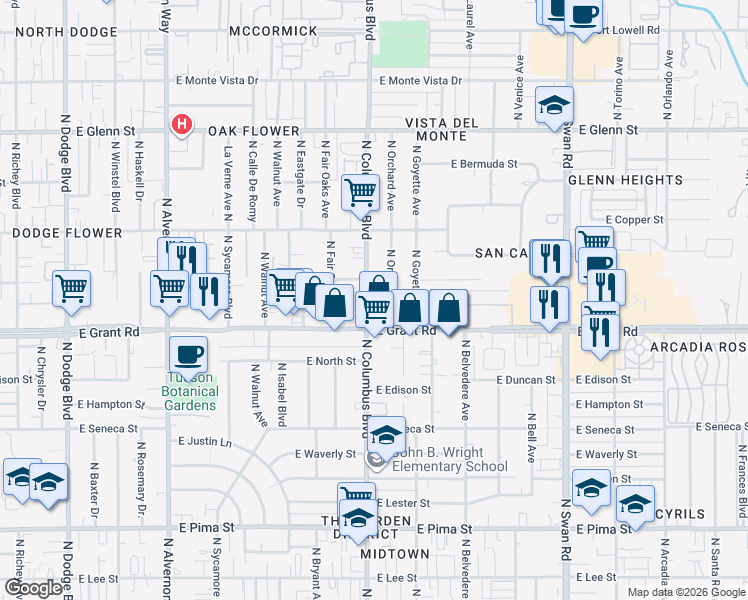 map of restaurants, bars, coffee shops, grocery stores, and more near 2432 North Columbus Boulevard in Tucson