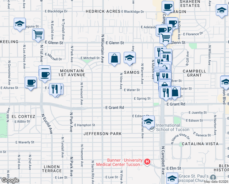map of restaurants, bars, coffee shops, grocery stores, and more near 1428 East Water Street in Tucson