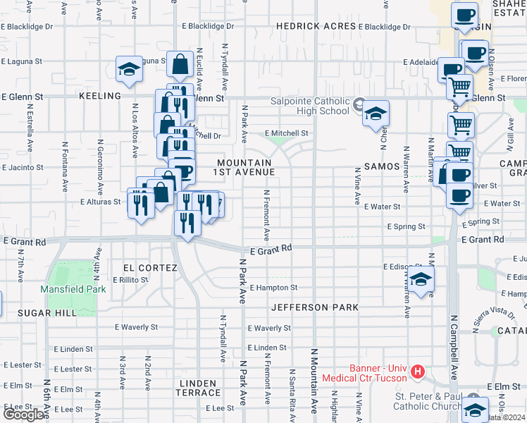 map of restaurants, bars, coffee shops, grocery stores, and more near 1100 East Winnie Place in Tucson