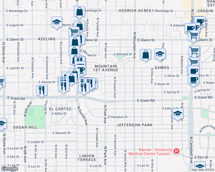 map of restaurants, bars, coffee shops, grocery stores, and more near 1010 East Water Street in Tucson