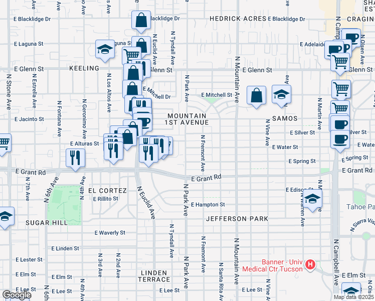map of restaurants, bars, coffee shops, grocery stores, and more near 1010 East Water Street in Tucson
