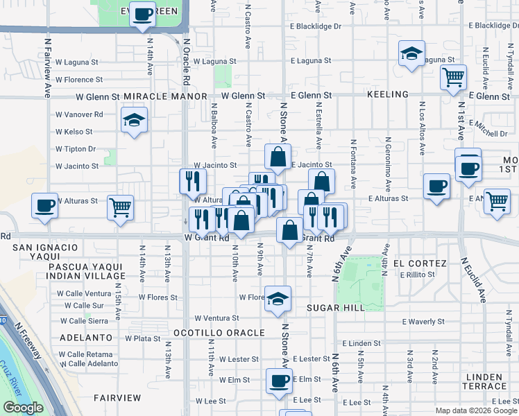 map of restaurants, bars, coffee shops, grocery stores, and more near 119 West Alturas Street in Tucson