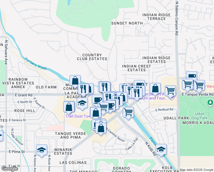map of restaurants, bars, coffee shops, grocery stores, and more near 6602 East Santa Aurelia Street in Tucson