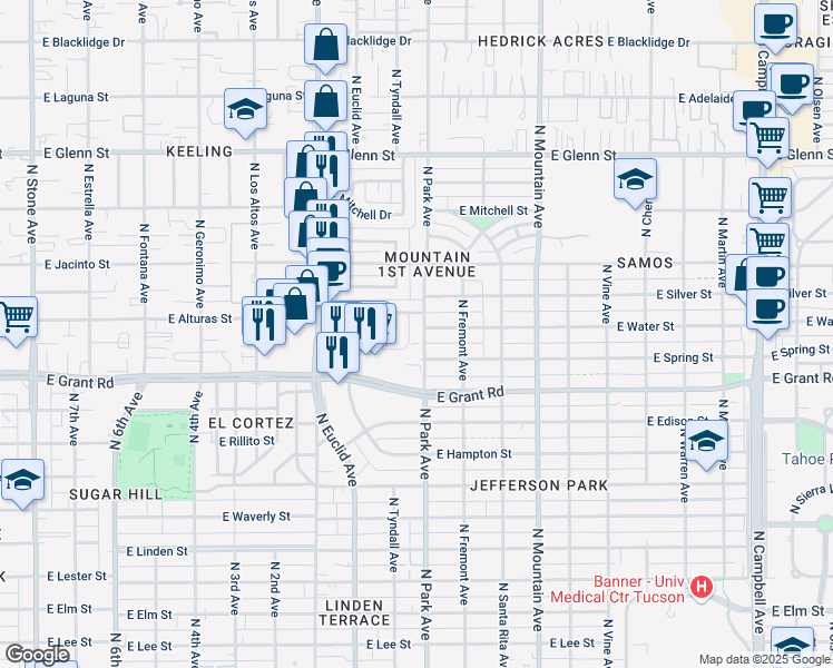 map of restaurants, bars, coffee shops, grocery stores, and more near 1010 East Water Street in Tucson