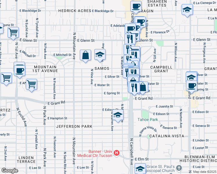 map of restaurants, bars, coffee shops, grocery stores, and more near 1634 East Water Street in Tucson