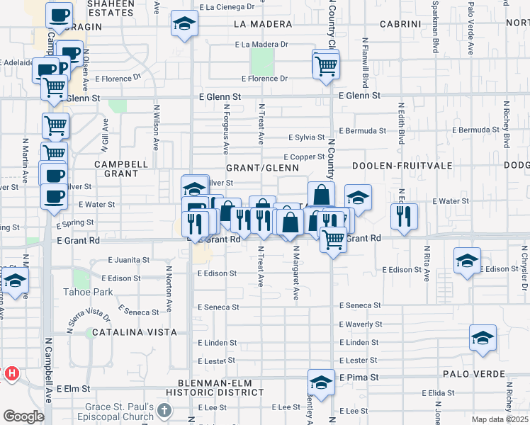 map of restaurants, bars, coffee shops, grocery stores, and more near 2450 North Treat Avenue in Tucson