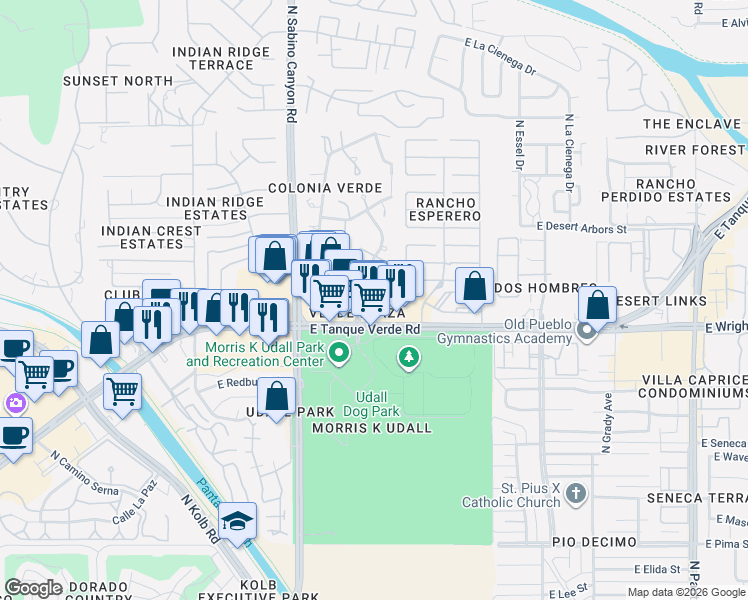 map of restaurants, bars, coffee shops, grocery stores, and more near 7255 East Tanque Verde Road in Tucson